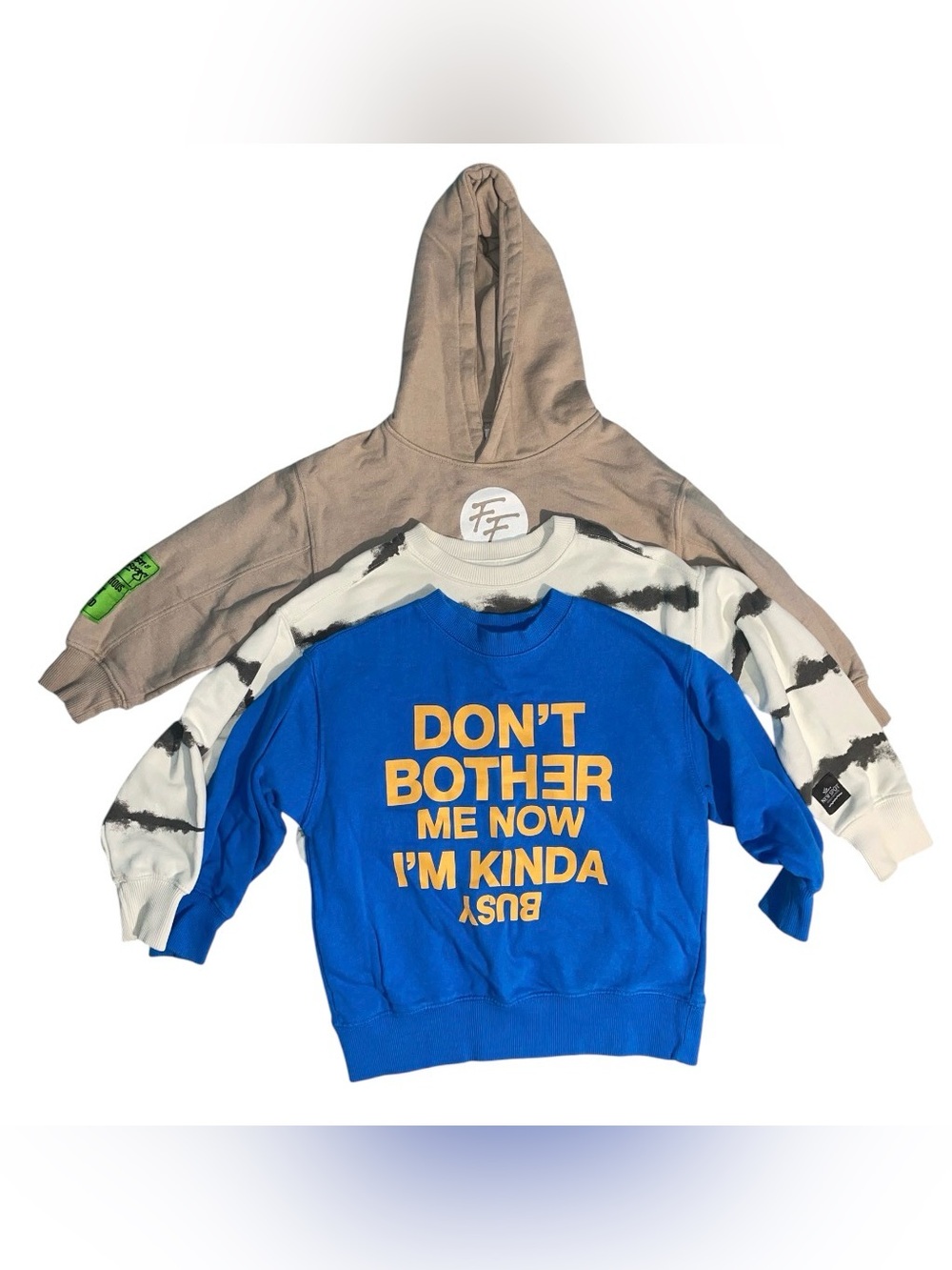 3 kids boys Zara hoodie and crew neck Blue Sweatshirt with Yellow Text